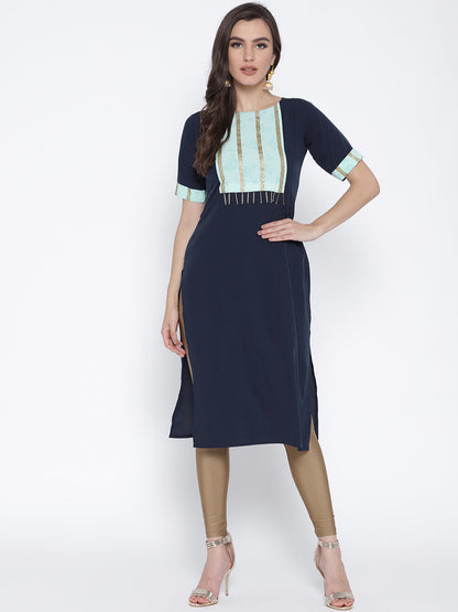 Women's Straight Only Kurta With Printed Yoke & Fringe Detail