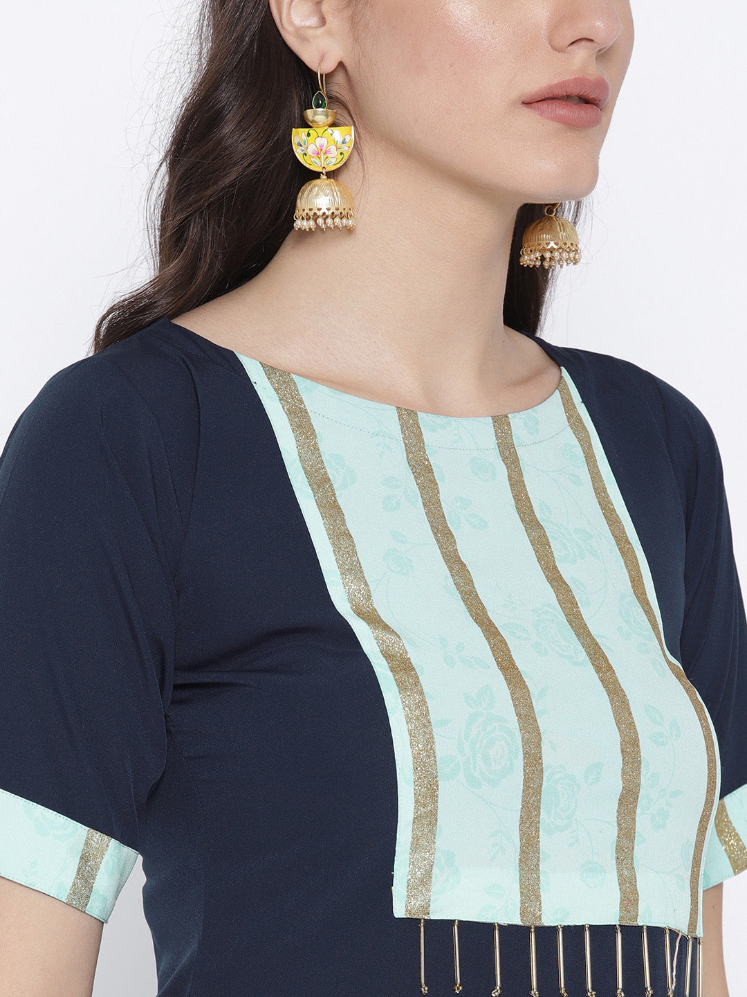 Women's Straight Only Kurta With Printed Yoke & Fringe Detail