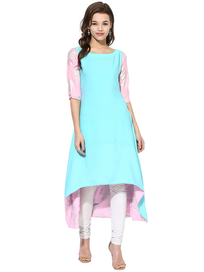 Women's Sky Blue Color Short Sleeve And Boat Neck Crepe Only Kurti