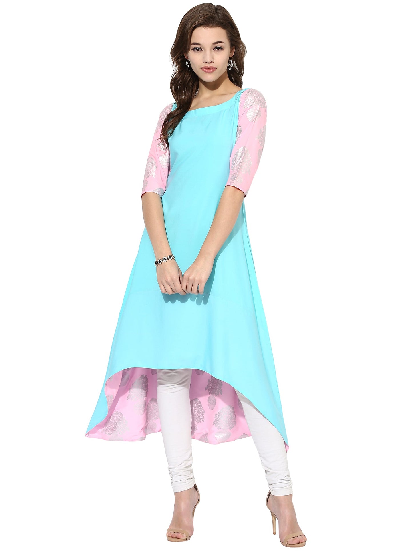 Women's Sky Blue Color Short Sleeve And Boat Neck Crepe Only Kurti
