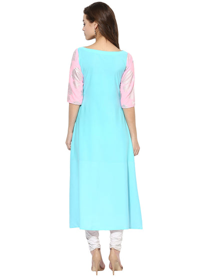 Women's Sky Blue Color Short Sleeve And Boat Neck Crepe Only Kurti