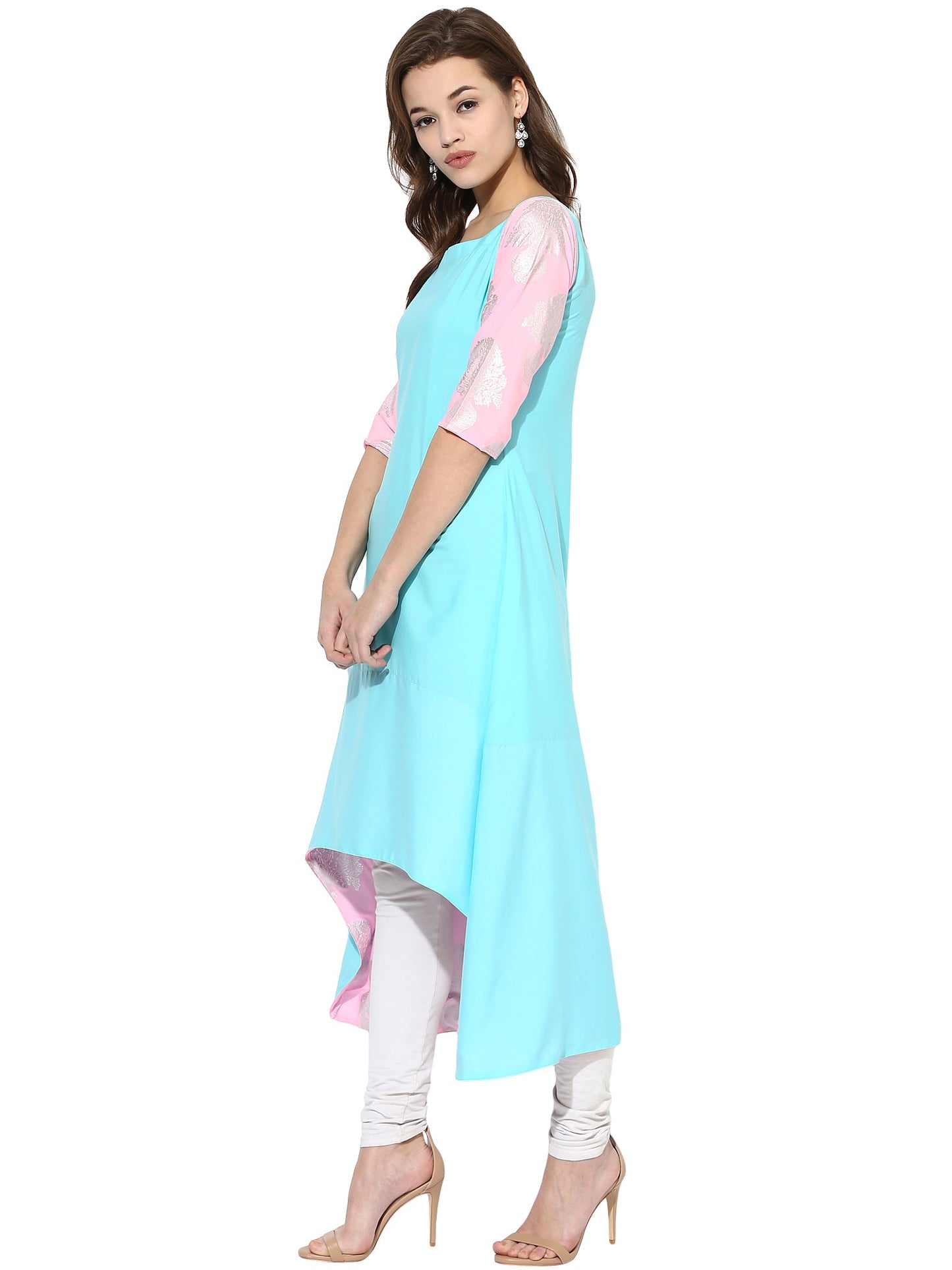 Women's Sky Blue Color Short Sleeve And Boat Neck Crepe Only Kurti