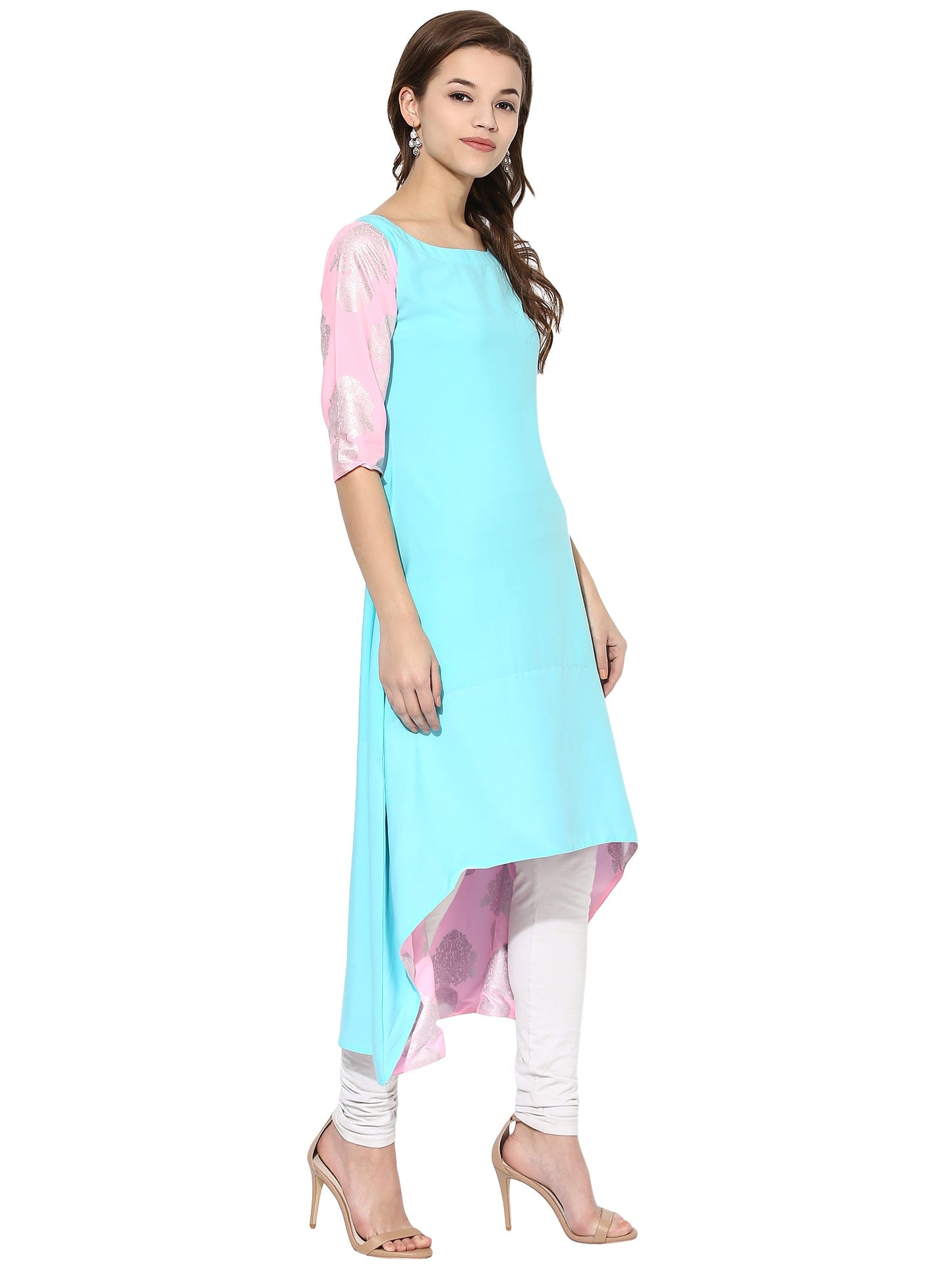 Women's Sky Blue Color Short Sleeve And Boat Neck Crepe Only Kurti