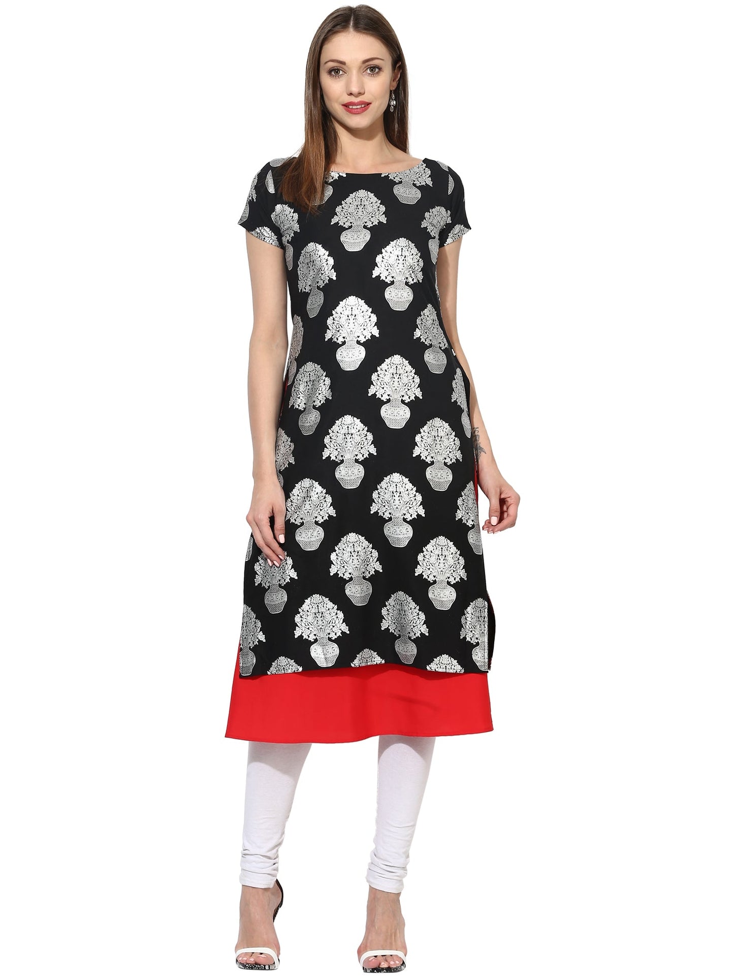 Women's Black Color Cap Sleeve And Boat Neck Crepe Only Kurti