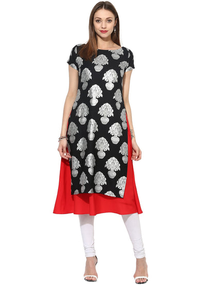 Women's Black Color Cap Sleeve And Boat Neck Crepe Only Kurti