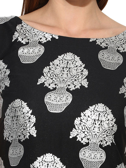 Women's Black Color Cap Sleeve And Boat Neck Crepe Only Kurti
