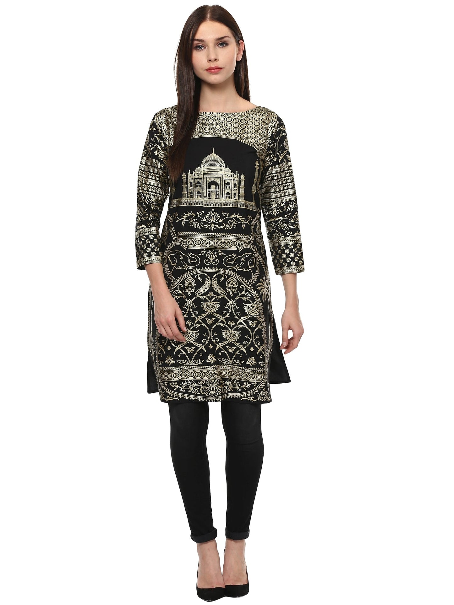 Women's Metallic Foil Print Taj Mahal Motif Faux Crepe Only Kurti