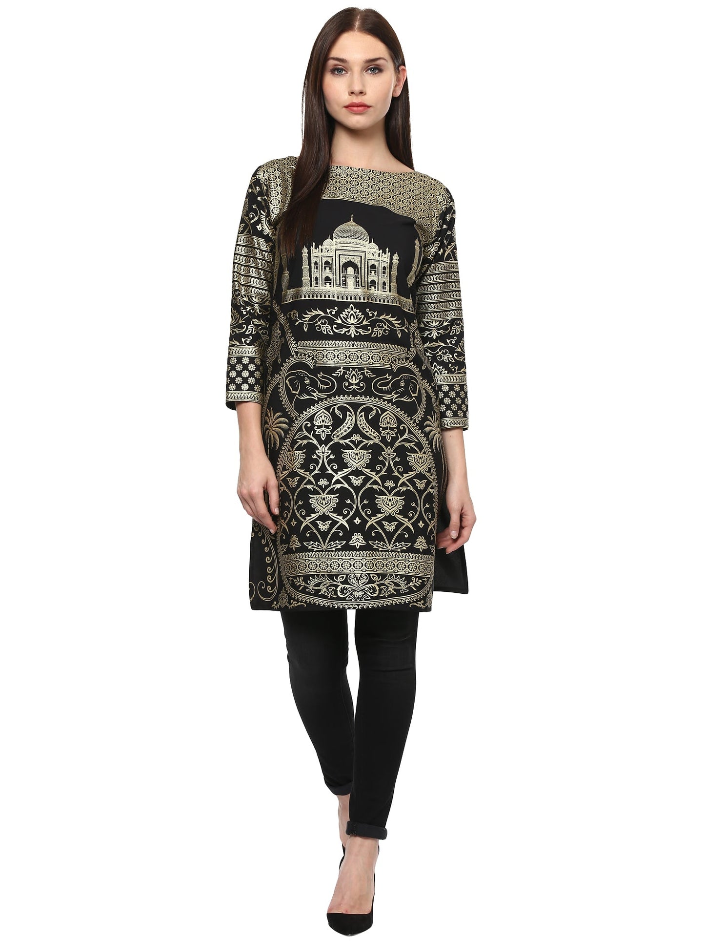 Women's Metallic Foil Print Taj Mahal Motif Faux Crepe Only Kurti