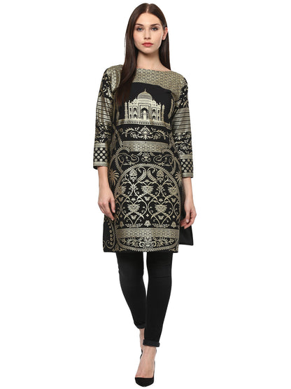 Women's Metallic Foil Print Taj Mahal Motif Faux Crepe Only Kurti