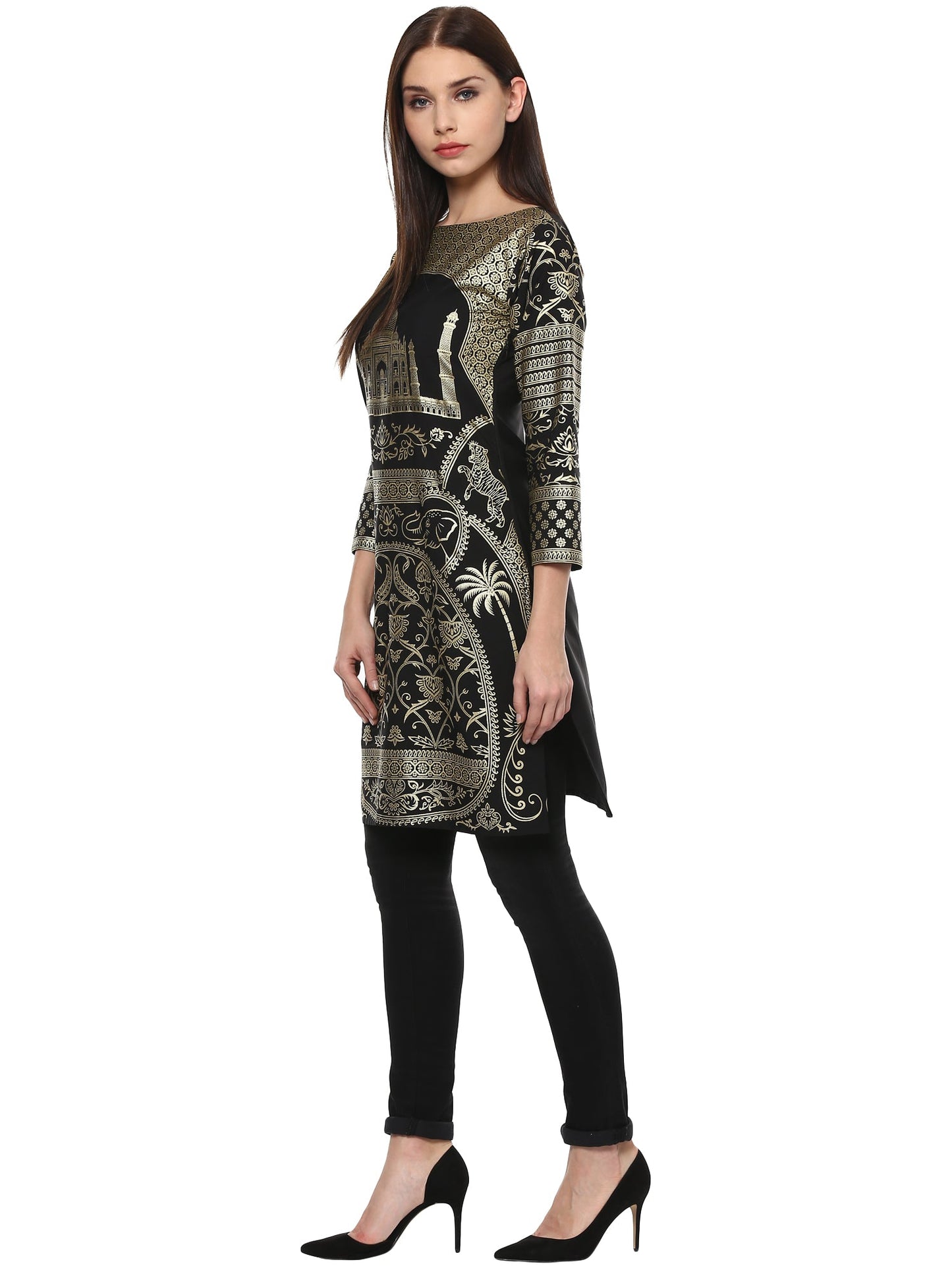 Women's Metallic Foil Print Taj Mahal Motif Faux Crepe Only Kurti