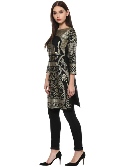 Women's Metallic Foil Print Taj Mahal Motif Faux Crepe Only Kurti
