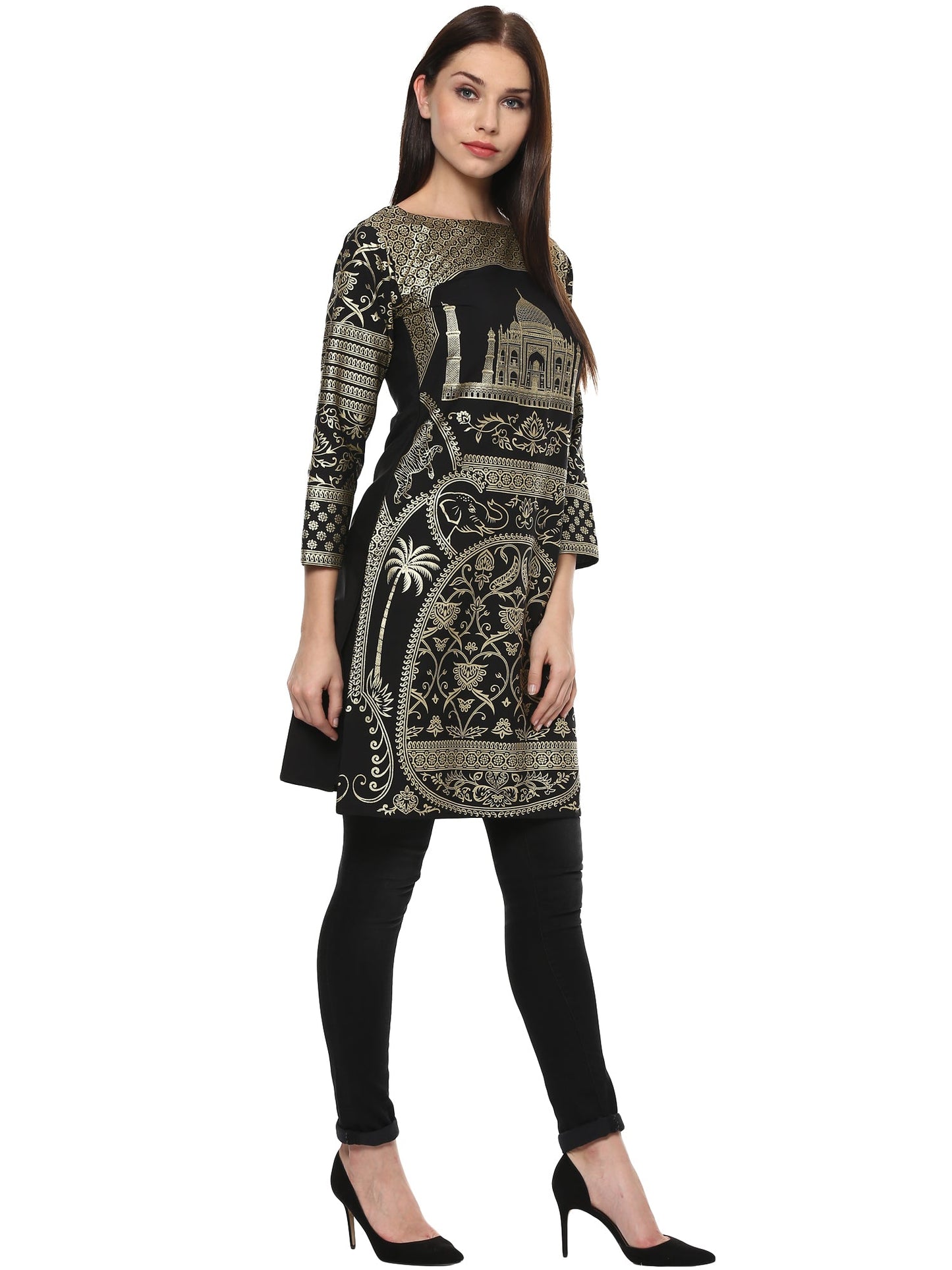 Women's Metallic Foil Print Taj Mahal Motif Faux Crepe Only Kurti