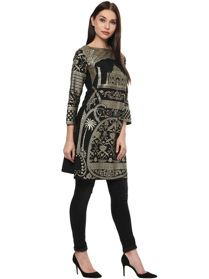 Women's Metallic Foil Print Taj Mahal Motif Faux Crepe Only Kurti