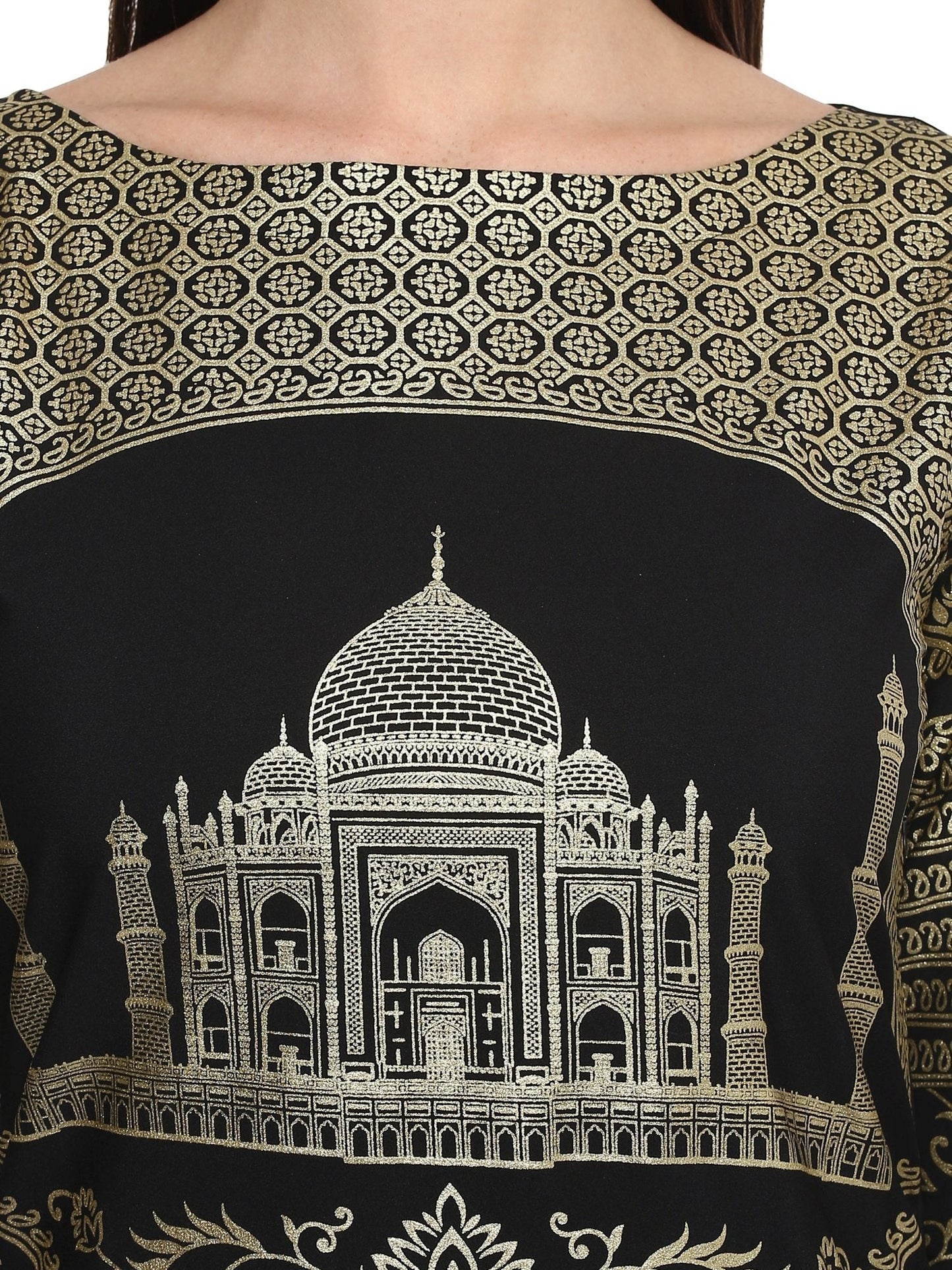 Women's Metallic Foil Print Taj Mahal Motif Faux Crepe Only Kurti