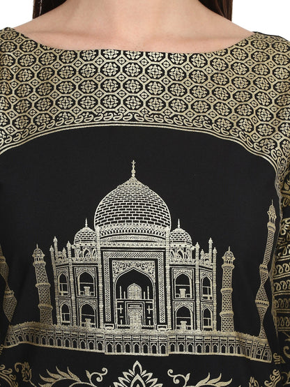 Women's Metallic Foil Print Taj Mahal Motif Faux Crepe Only Kurti