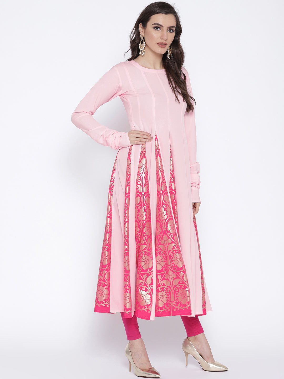 Women's Pink Crepe Printed Anarkali Kurt