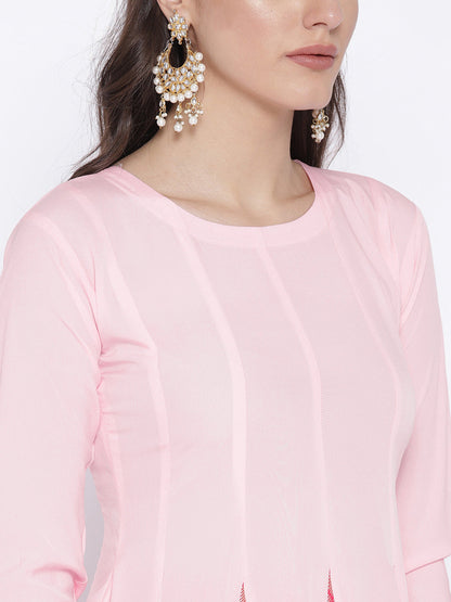 Women's Pink Crepe Printed Anarkali Kurt
