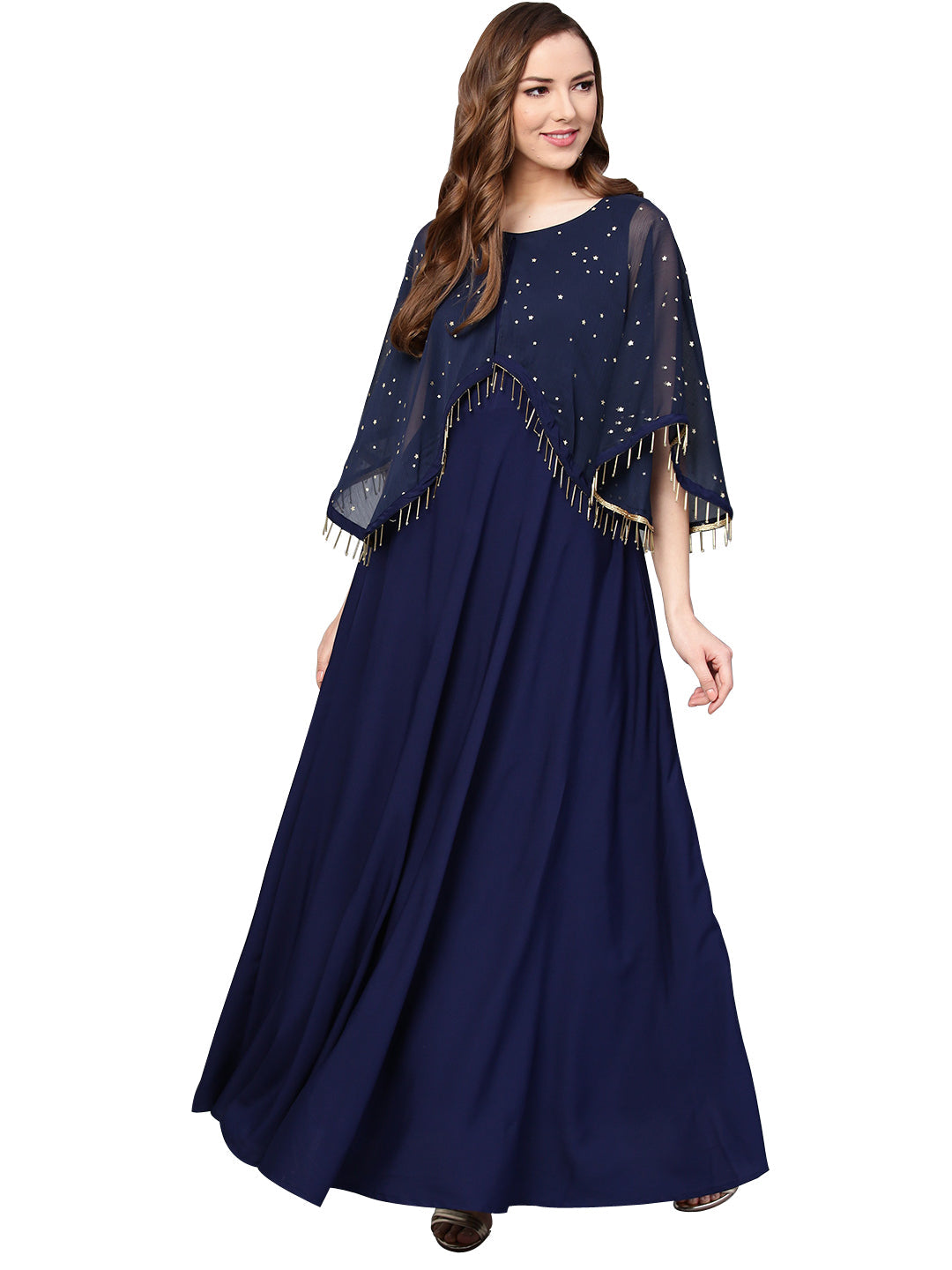 Women's Navy Blue Crepe Flared Dress