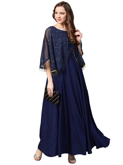 Women's Navy Blue Crepe Flared Dress