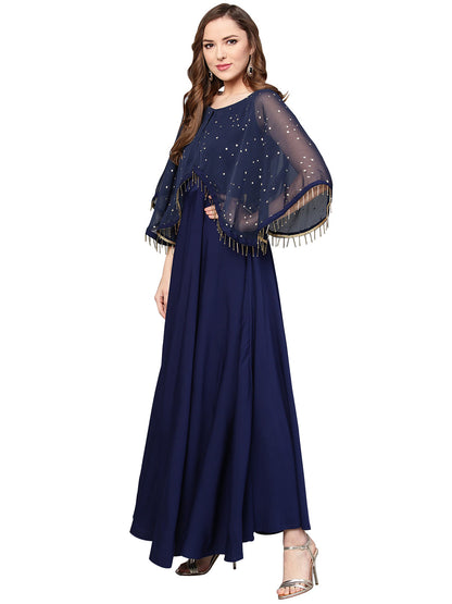 Women's Navy Blue Crepe Flared Dress