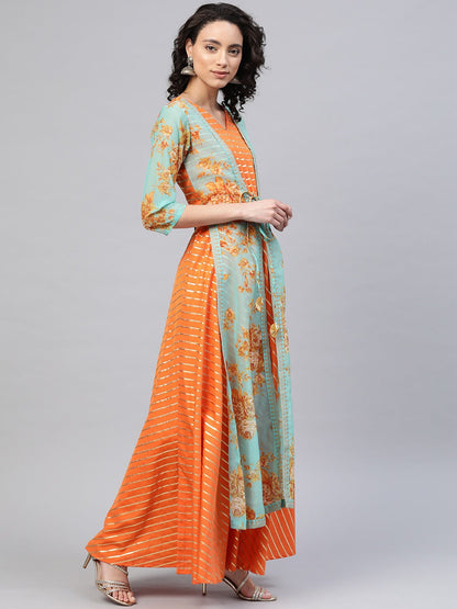 Women's Orange Crepe Printed Kurt