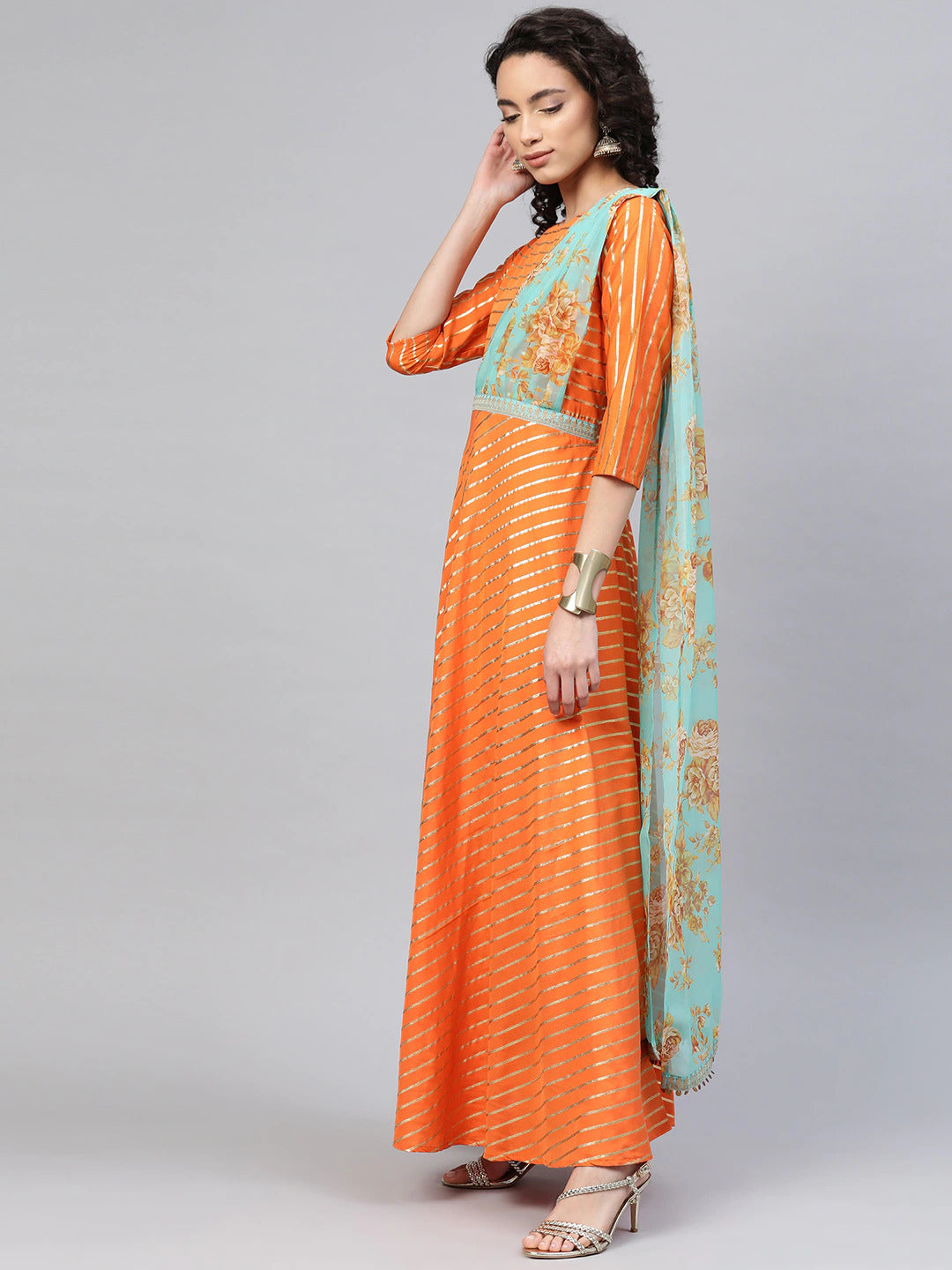 Women's Orange Anarkali Kurta With Attached Dupatta By Ahalyaa