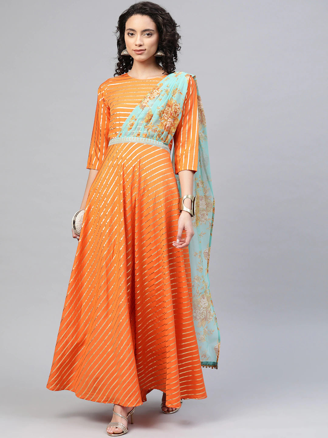 Women's Orange Anarkali Kurta With Attached Dupatta By Ahalyaa