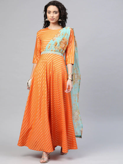 Women's Orange Anarkali Kurta With Attached Dupatta By Ahalyaa