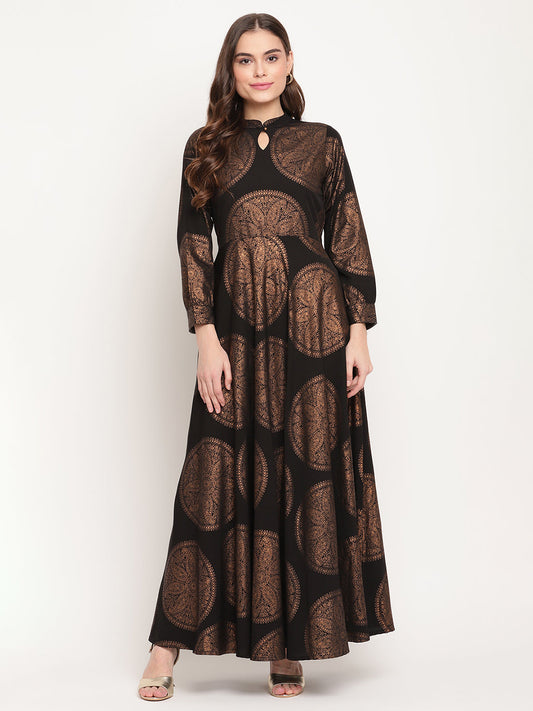 Women's Black Crepe Copper Foil Print Dres