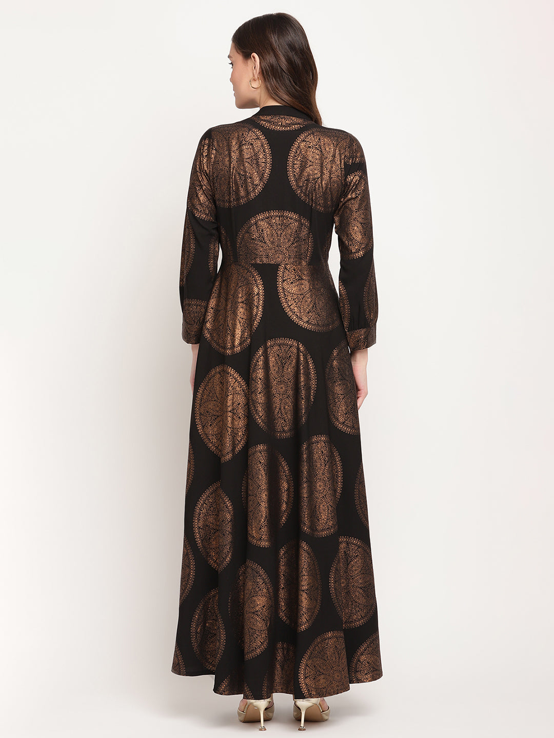 Women's Black Crepe Copper Foil Print Dres