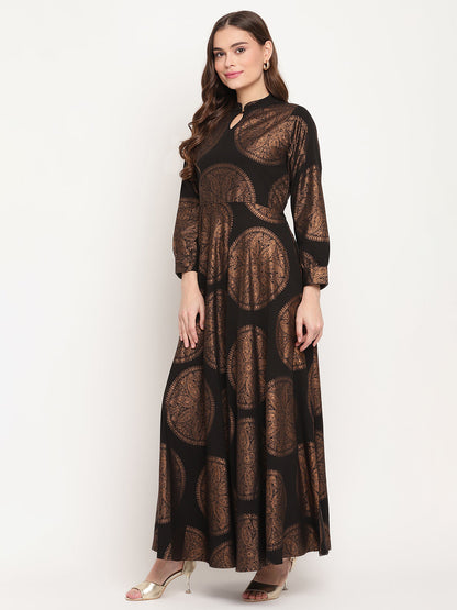 Women's Black Crepe Copper Foil Print Dres