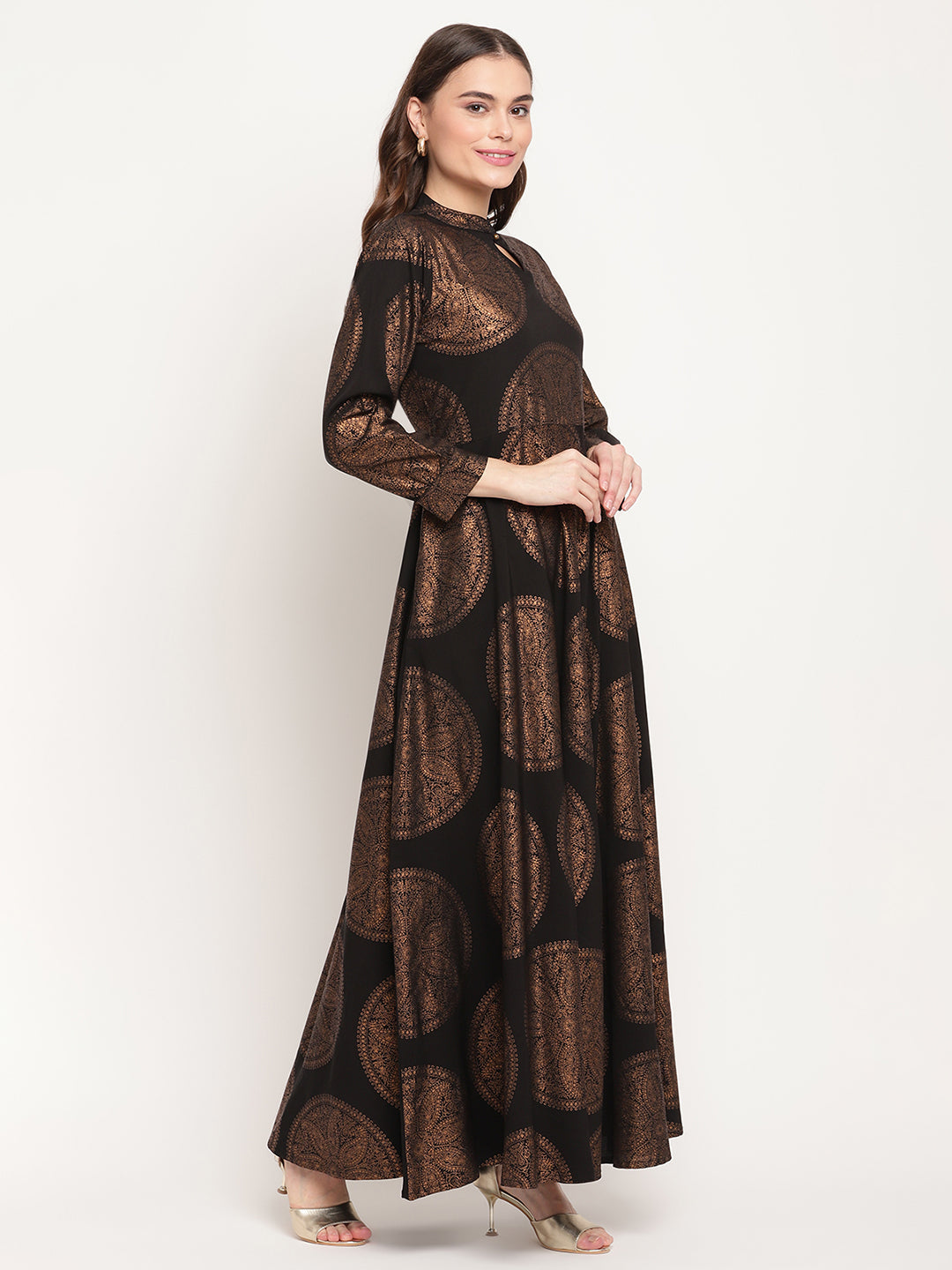 Women's Black Crepe Copper Foil Print Dres