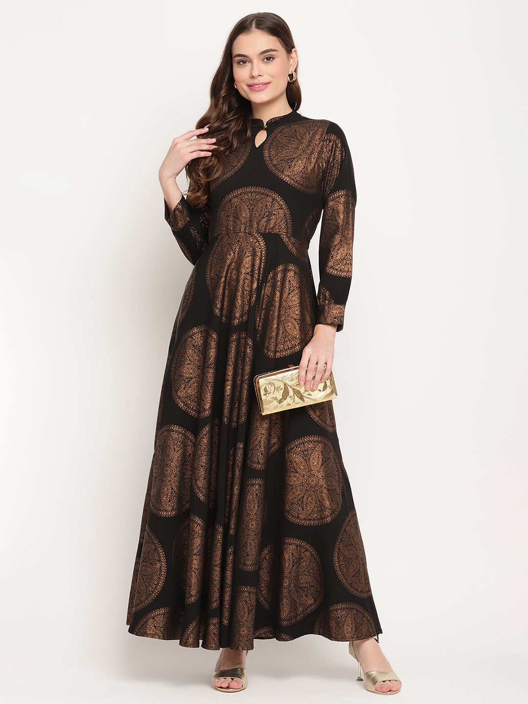 Women's Black Crepe Copper Foil Print Dres
