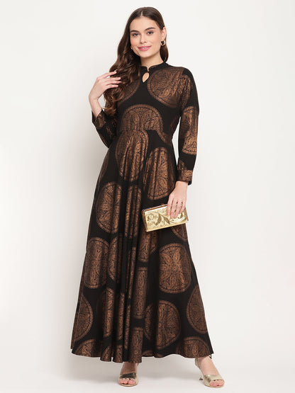 Women's Black Crepe Copper Foil Print Dres