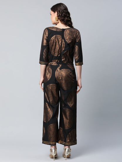 Women's Black Crepe Copper Foil Printed Jumpsuit