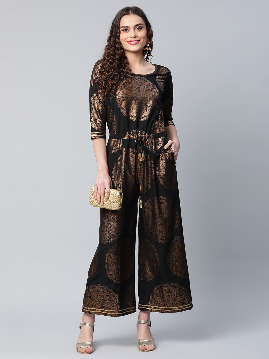 Women's Black Crepe Copper Foil Printed Jumpsuit
