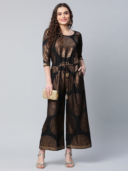 Women's Black Crepe Copper Foil Printed Jumpsuit
