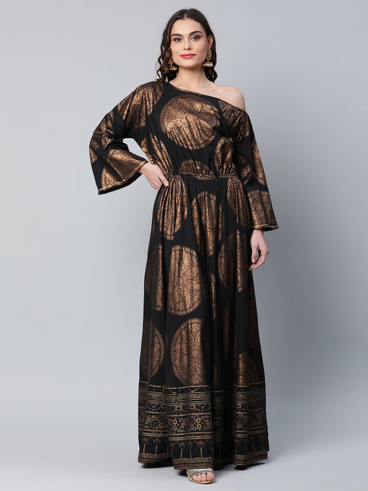 Women's Black Crepe Copper Foil Printed Maxi Dress