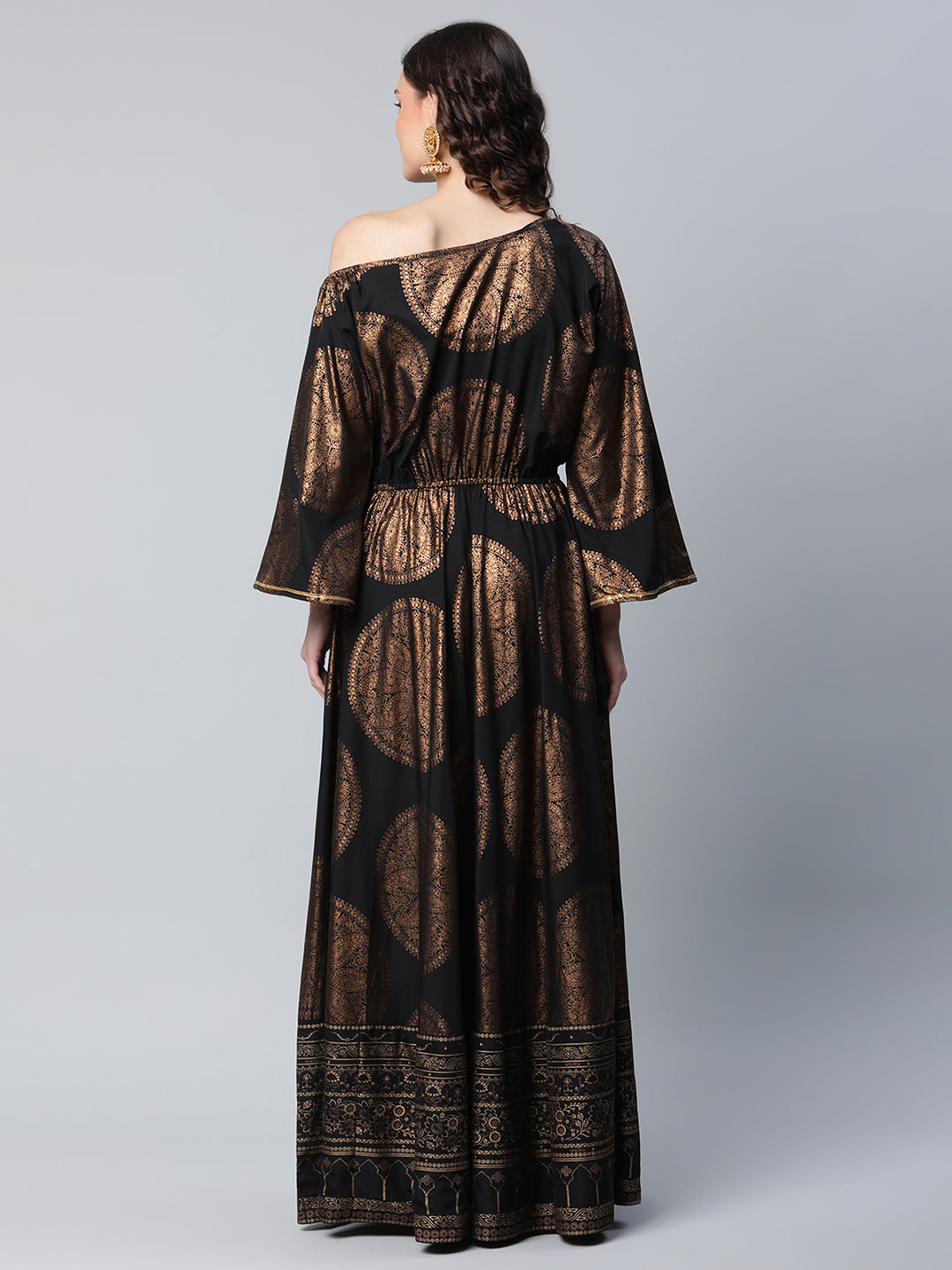 Women's Black Crepe Copper Foil Printed Maxi Dress