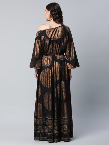 Women's Black Crepe Copper Foil Printed Maxi Dress