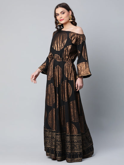 Women's Black Crepe Copper Foil Printed Maxi Dress