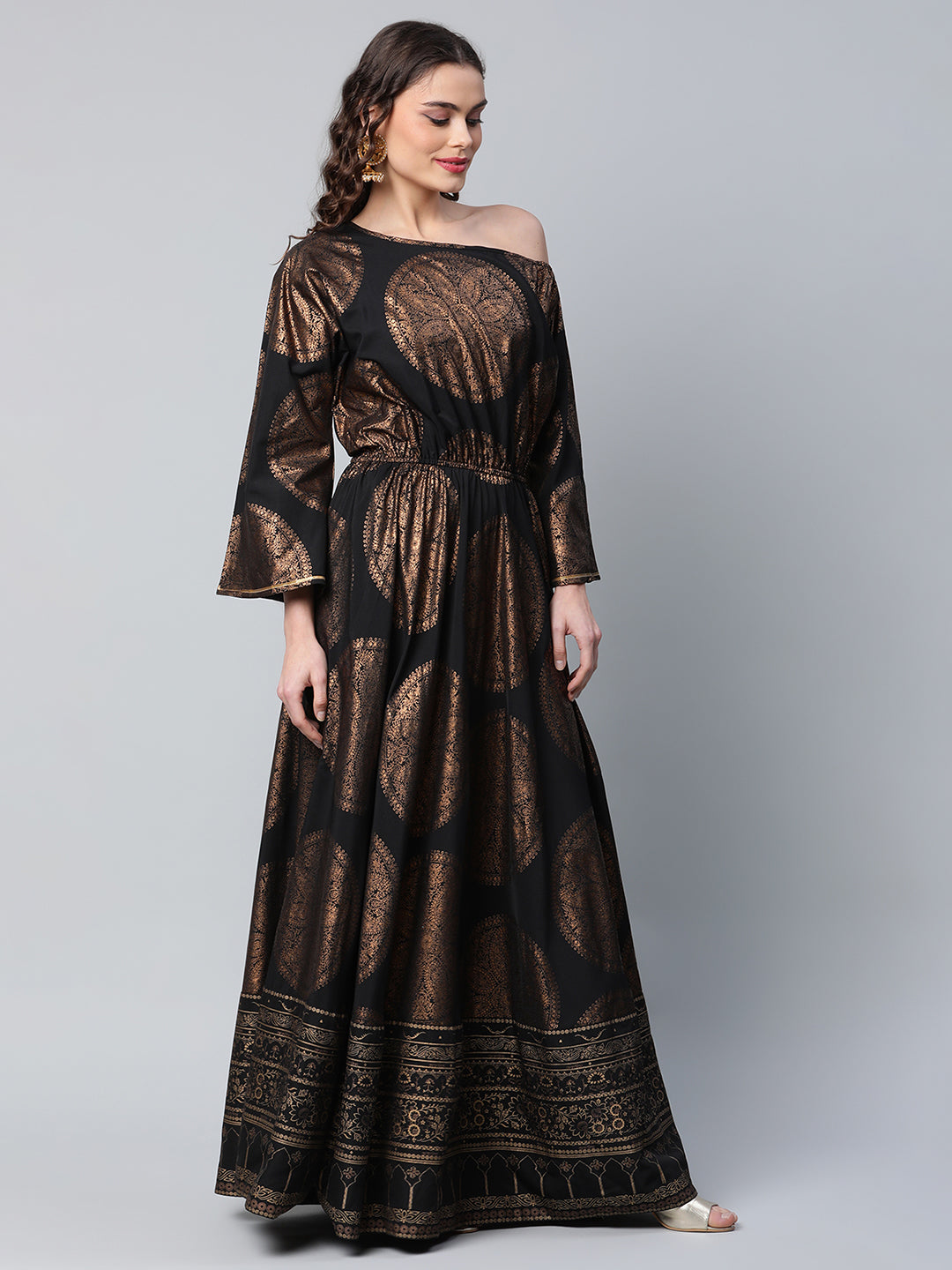 Women's Black Crepe Copper Foil Printed Maxi Dress