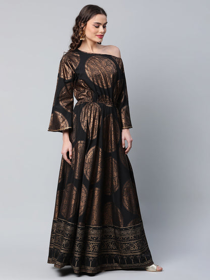 Women's Black Crepe Copper Foil Printed Maxi Dress
