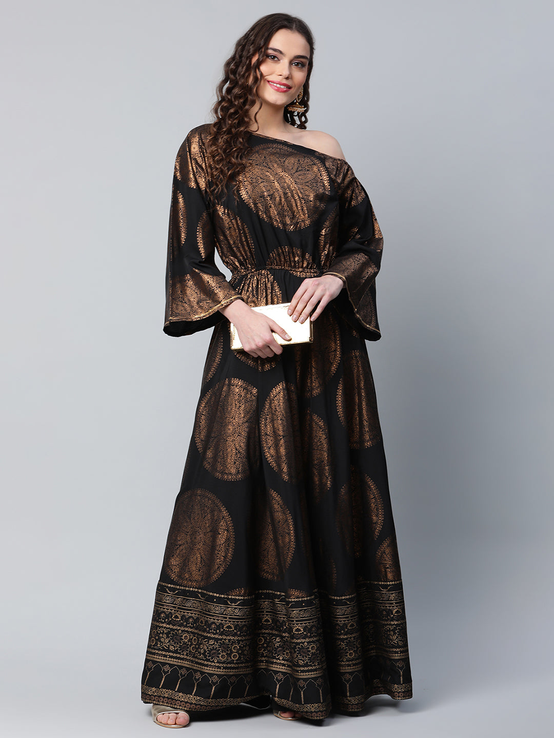 Women's Black Crepe Copper Foil Printed Maxi Dress