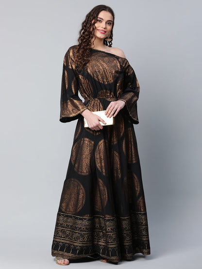 Women's Black Crepe Copper Foil Printed Maxi Dress