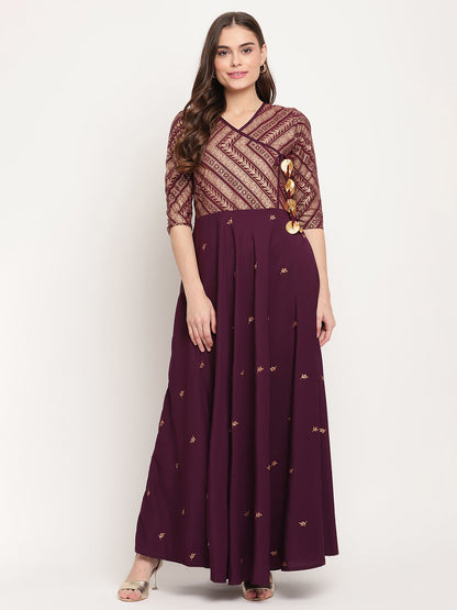 Women's Crepe Wine Colour Glitter Print Kurt
