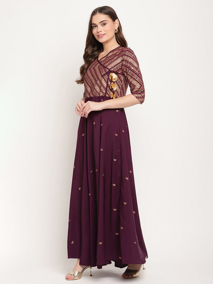 Women's Crepe Wine Colour Glitter Print Kurt