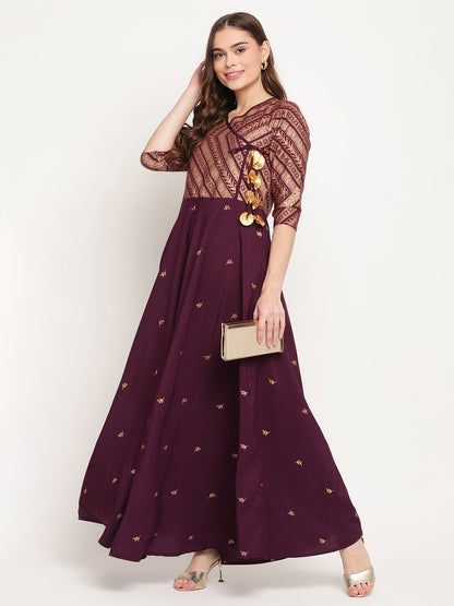 Women's Crepe Wine Colour Glitter Print Kurt