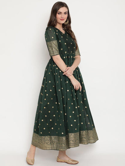 Women's Dark Green Chanderi Polka Dot Printed Kurt