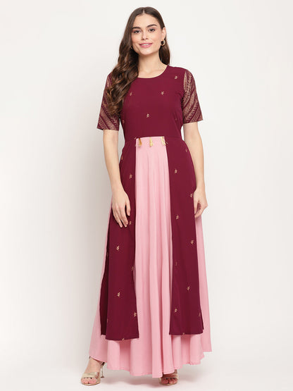 Women's Wine Crepe Glitter Print Dres
